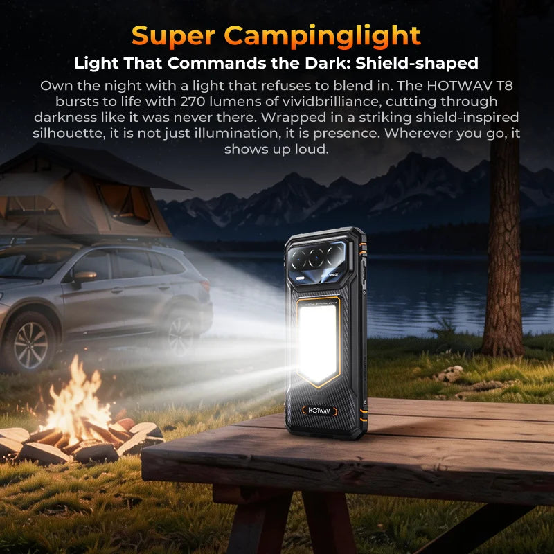 Smartphone HOTWAV T8 6.75'' 120Hz IP68 & IP69K con luz de acampada, cámara trasera de 20MP, NFC, procesador Octa-core, batería de 6200mAh, carga rápida de 20W, 4GB de RAM, 64GB de ROM, IA y Android 16