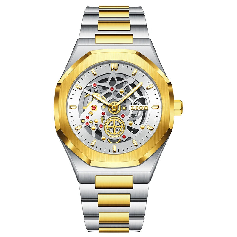 Reloj LIGE de lujo para hombre, diseño esqueleto automático, reloj de pulsera de cuarzo con esfera, impermeable, luminoso, con correa de acero para hombre