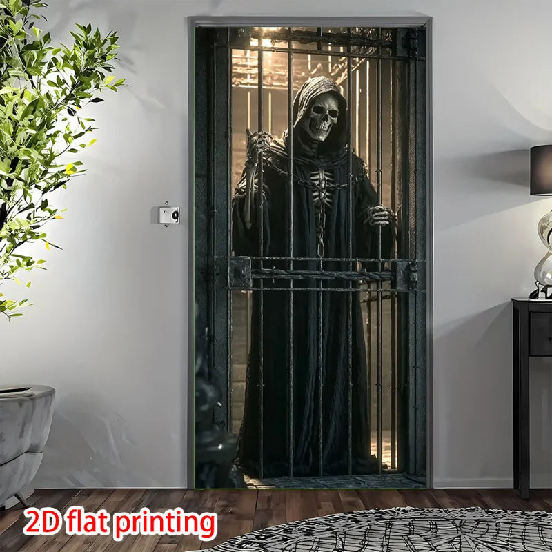 1 unidad, Cortina gótica 2D plana con diseño de calavera y jaula, ideal para fiestas de Halloween, uso interior/exterior, wsj