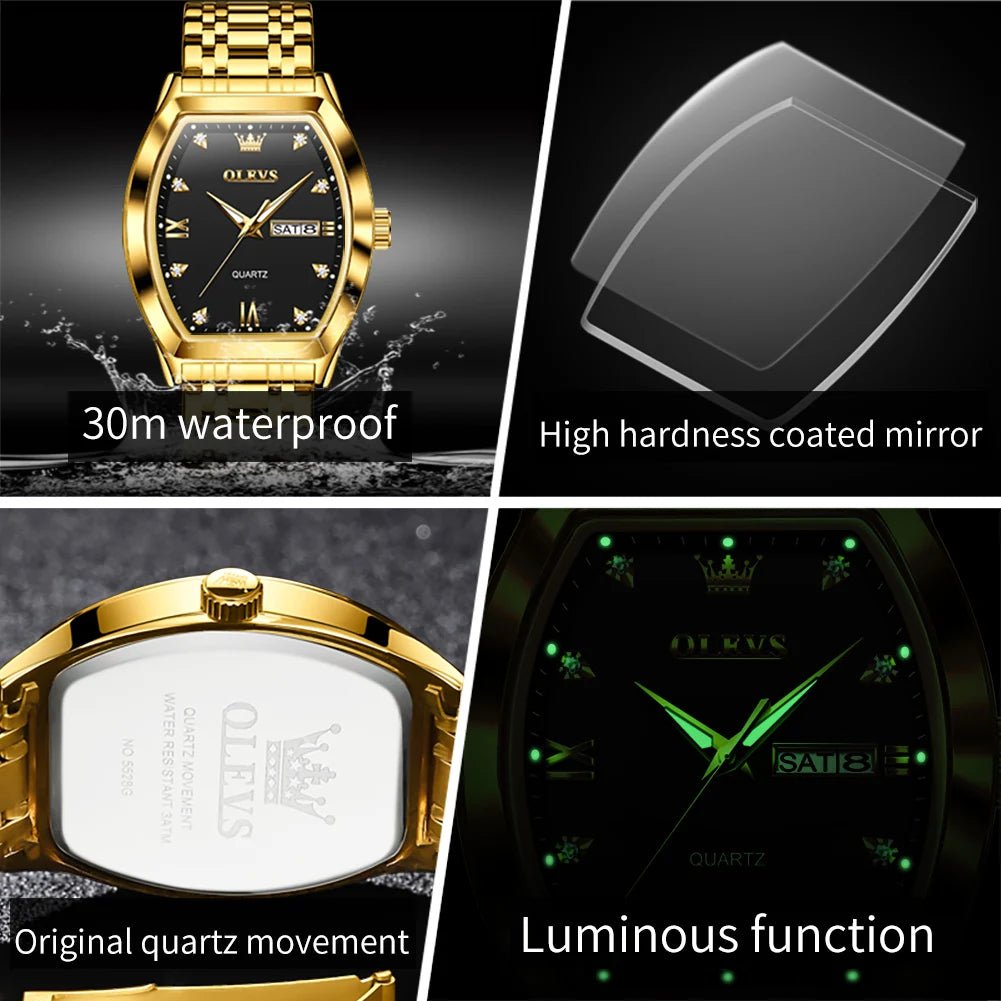 Reloj OLEVS para hombre, de lujo, tipo tonel, original, marca de alta gama, de cuarzo, resistente al agua, luminoso, con día y fecha, reloj de pulsera para caballero