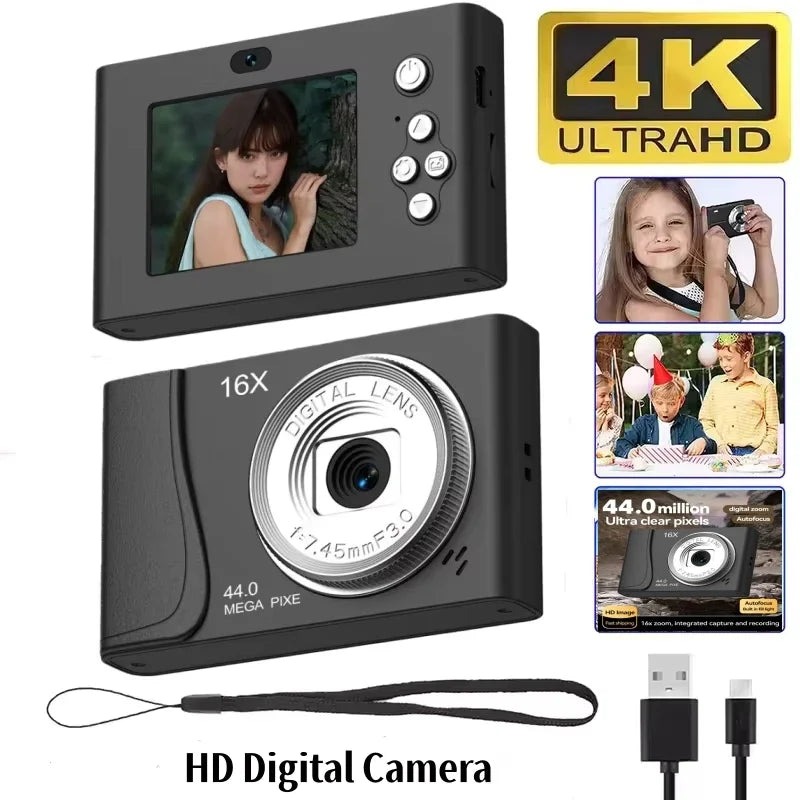 Cámara Digital 4K de 24 Millones de Píxeles, Videocámara Infantil con Zoom 16x, Cámaras Compactas con Enfoque Automático para Niños, Adultos y Principiantes en Fotografía