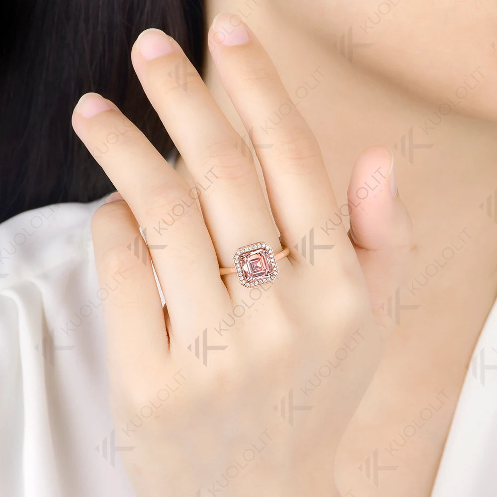 Anillo de Diamantes de Laboratorio Rosa Fantasía IGI de 2.5CT Kuololit para Mujer, Anillo de Eternidad Asscher de Oro Amarillo Sólido de 14K para Compromiso y Navidad