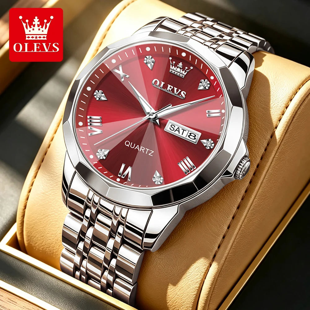 Reloj OLEVS 9931 de gran venta para hombre, moda, espejo de rombo, correa de acero sólido, fecha, resistente al agua, luminoso, reloj de cuarzo original para hombre