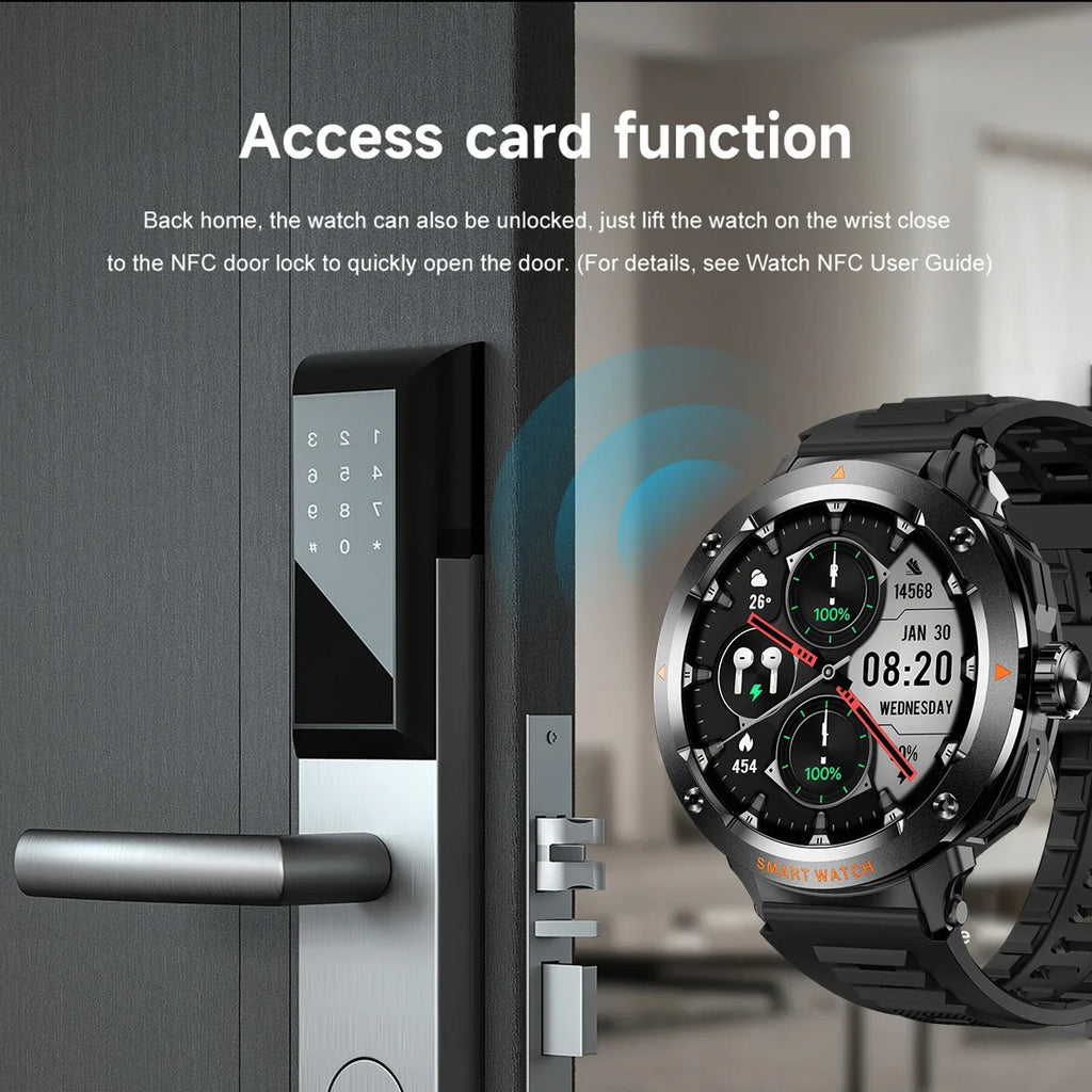 Smartwatch militar para hombre con auriculares inalámbricos integrados, acceso a puertas NFC, monitor de frecuencia cardíaca, reloj inteligente deportivo para iOS y Android