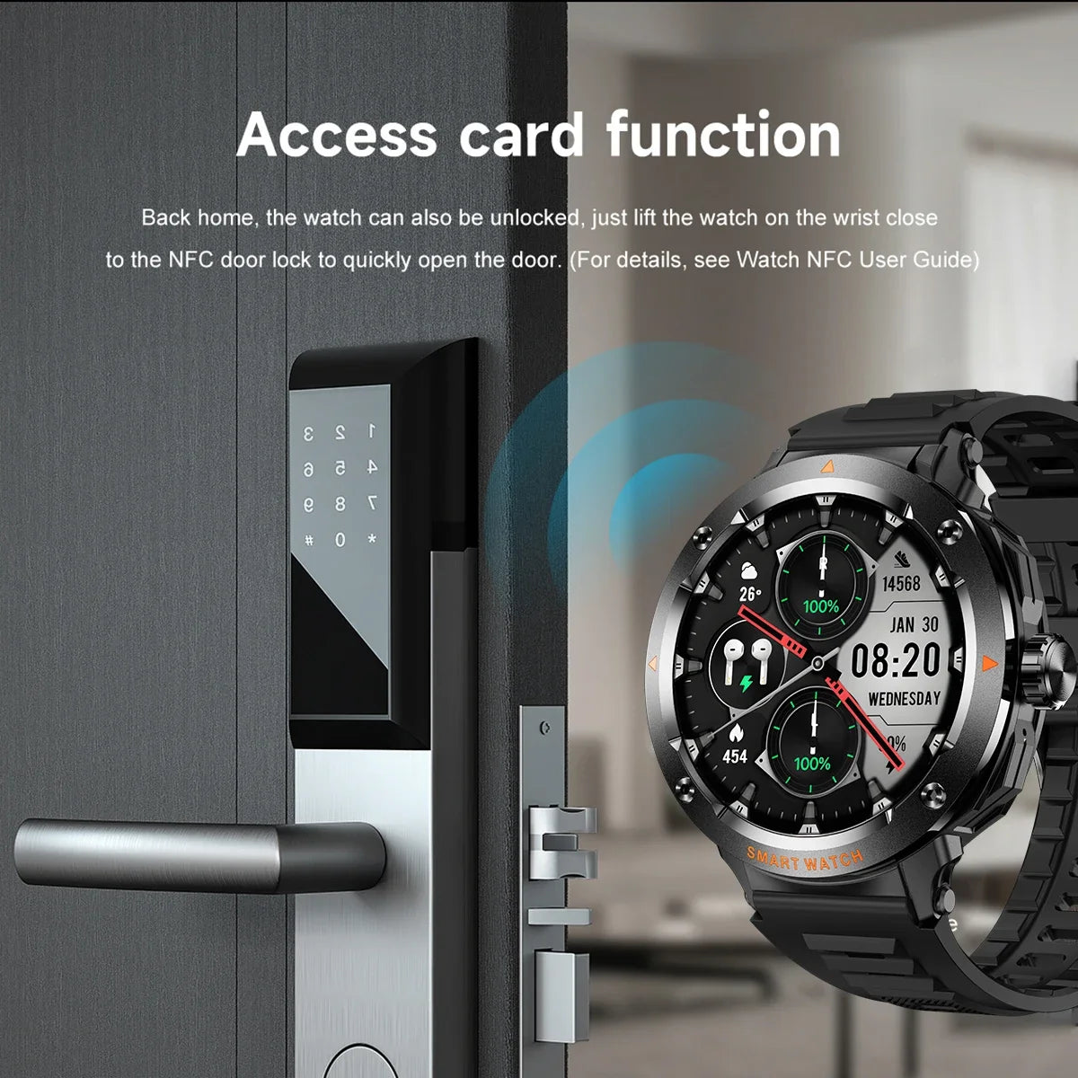 Smartwatch militar para hombre con auriculares inalámbricos integrados, acceso a puertas NFC, monitor de frecuencia cardíaca, reloj inteligente deportivo para iOS y Android