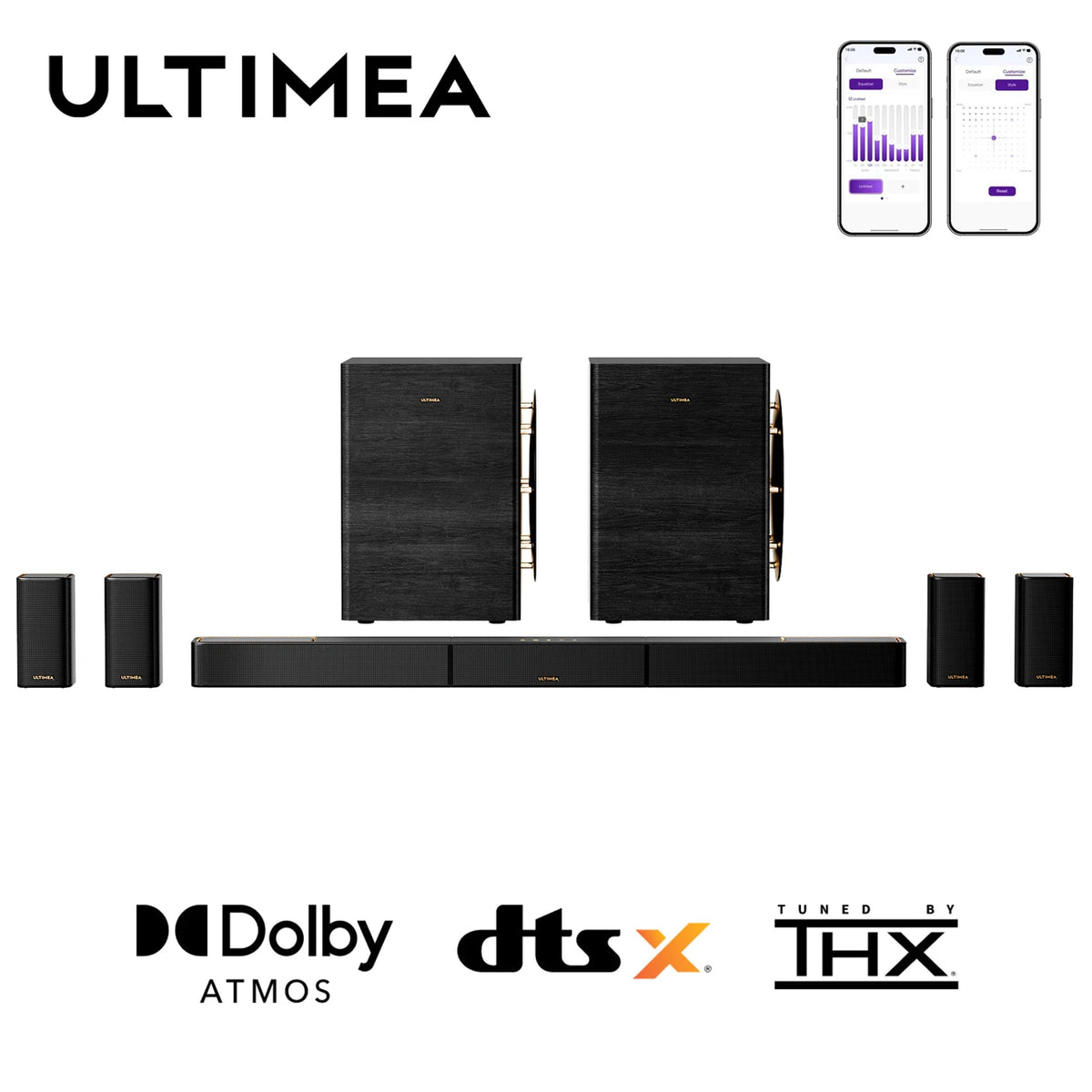 Barra de sonido negra con altavoces inalámbricos y app en dos móviles