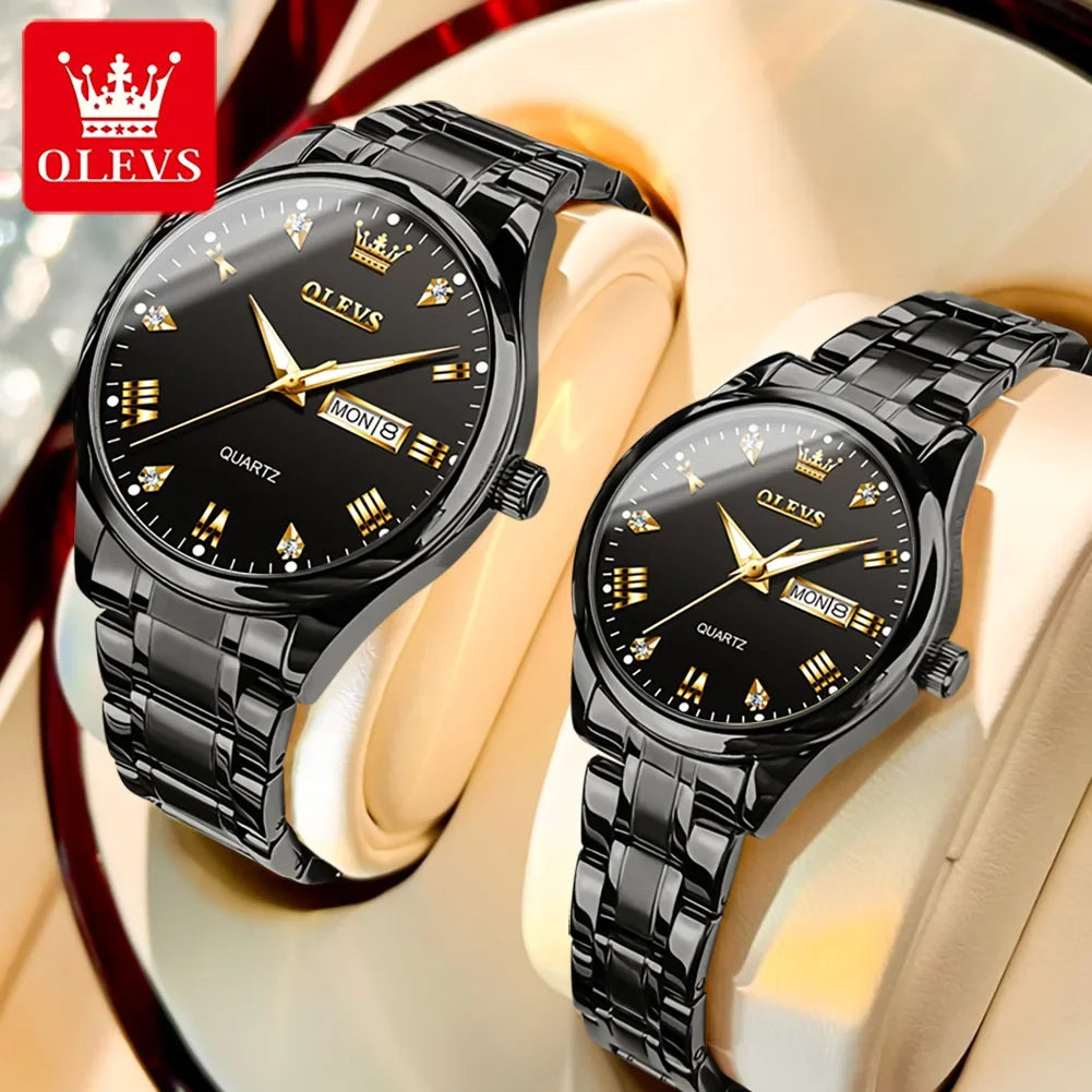 Relojes para pareja OLEVS de lujo, dorados con diamantes, calendario doble, resistentes al agua, reloj de cuarzo de marca de moda para citas, modelo 5563