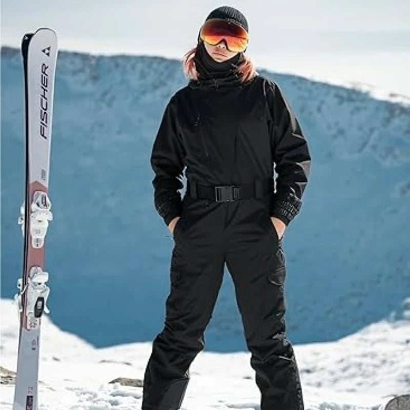 Trajes de esquí de una pieza para mujer 2026, monos de invierno aislados, impermeables, para snowboard, con cinturón y capucha, para actividades al aire libre