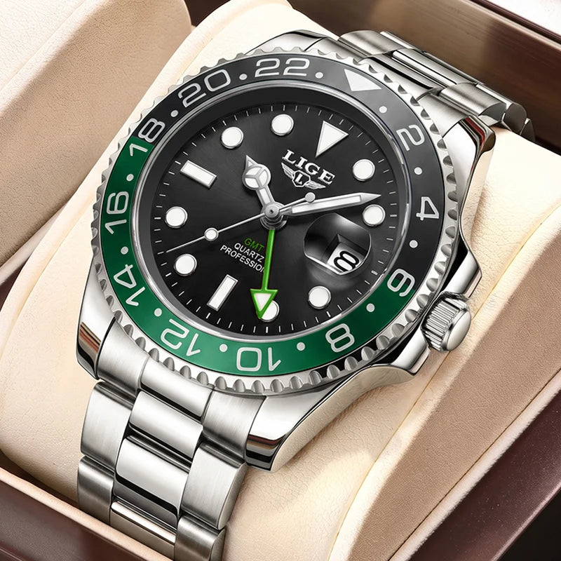 LIGE Nuevos relojes de cuarzo GMT para hombre, marca de lujo, reloj de buceo de moda, cronógrafo deportivo informal resistente al agua, Montre Homme