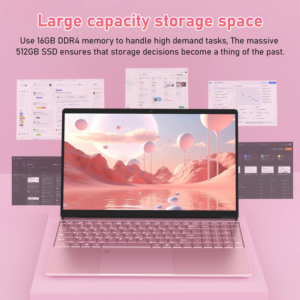 Portátil de 15,6 pulgadas en color rosa, procesador N95, 16 GB DDR4, SSD de 512 GB, desbloqueo por huella dactilar, pantalla FHD, teclado retroiluminado, interfaz múltiple