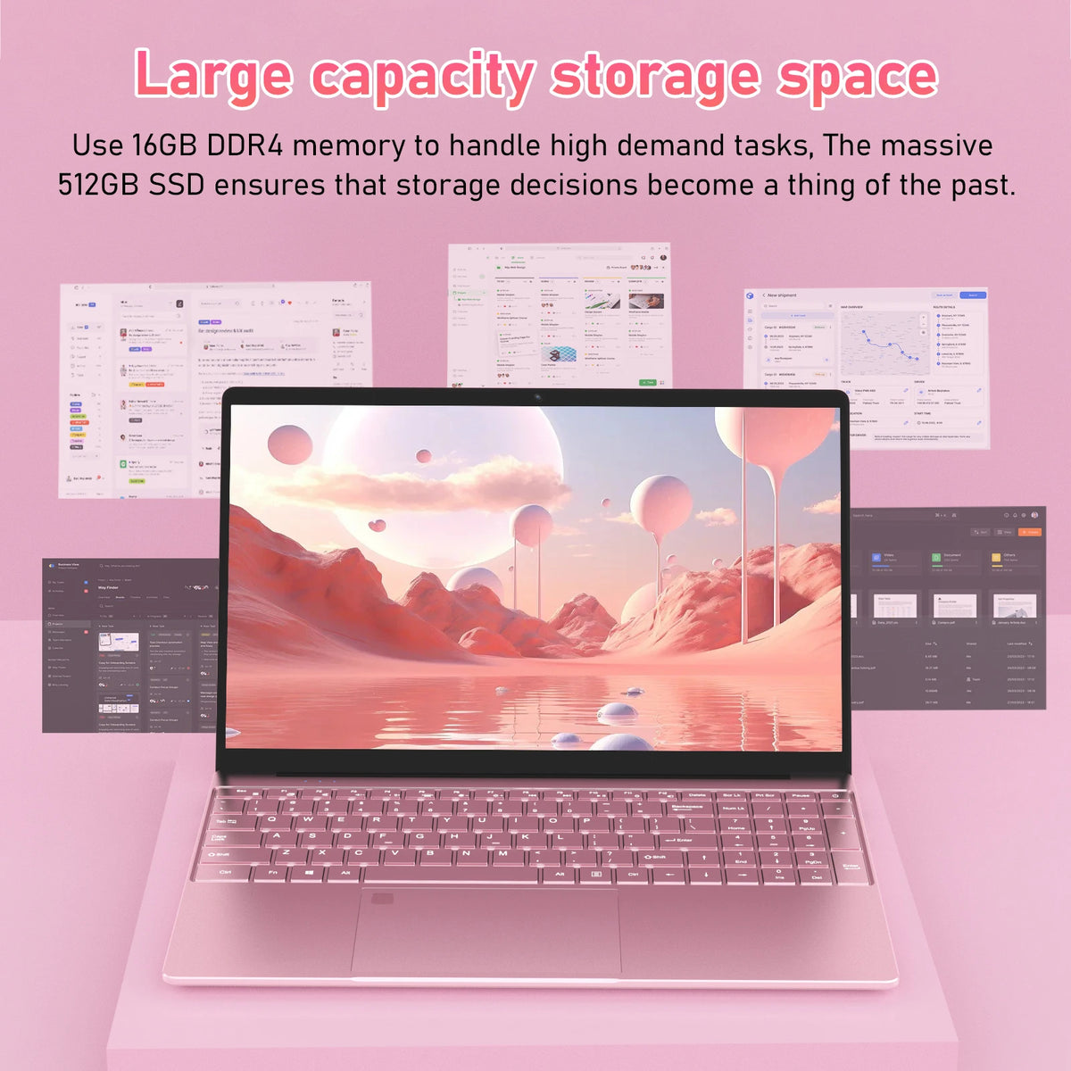 Portátil de 15,6 pulgadas en color rosa, procesador N95, 16 GB DDR4, SSD de 512 GB, desbloqueo por huella dactilar, pantalla FHD, teclado retroiluminado, interfaz múltiple