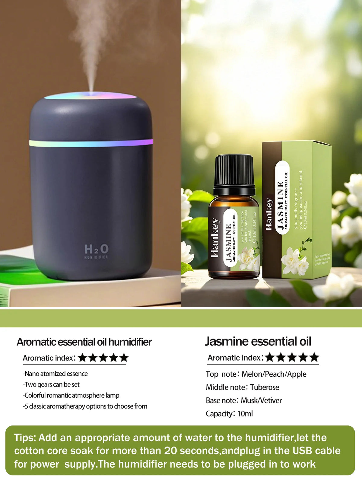 Difusor de aromaterapia de 300ml, humidificador, purificador de aire, uso doméstico en el coche, aceite esencial de aromaterapia con luz de siete colores