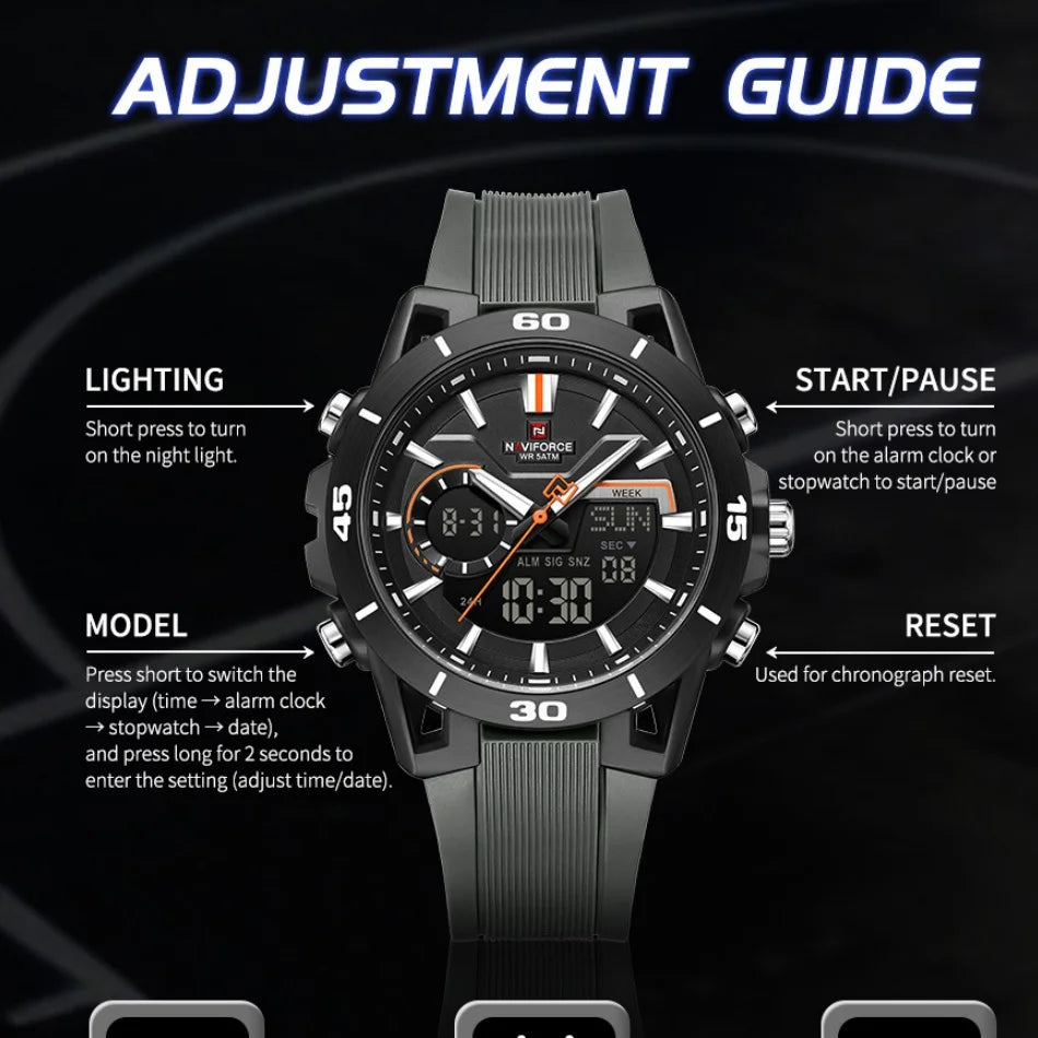 NAVIFORCE Men's Dual Display Sports Watch Analog-Digital Chronograph Alarm Stopwatch Dual Time Zone LED Luminous Waterproof