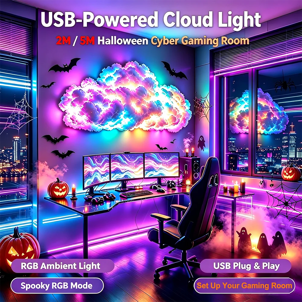 Tiras de luces LED de nube de tormenta para Halloween, RGB+IC, sincronización con música, luz ambiental DIY para decoración de fiestas góticas y salas de juegos