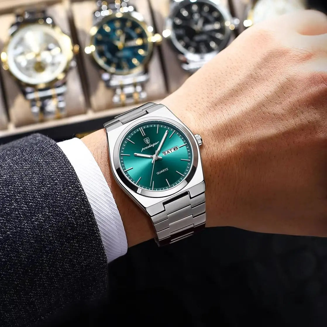 Reloj de pulsera de cuarzo para hombre POEDAGAR, moda de lujo, casual, luminoso, resistente al agua, de acero inoxidable, con indicador de fecha y día