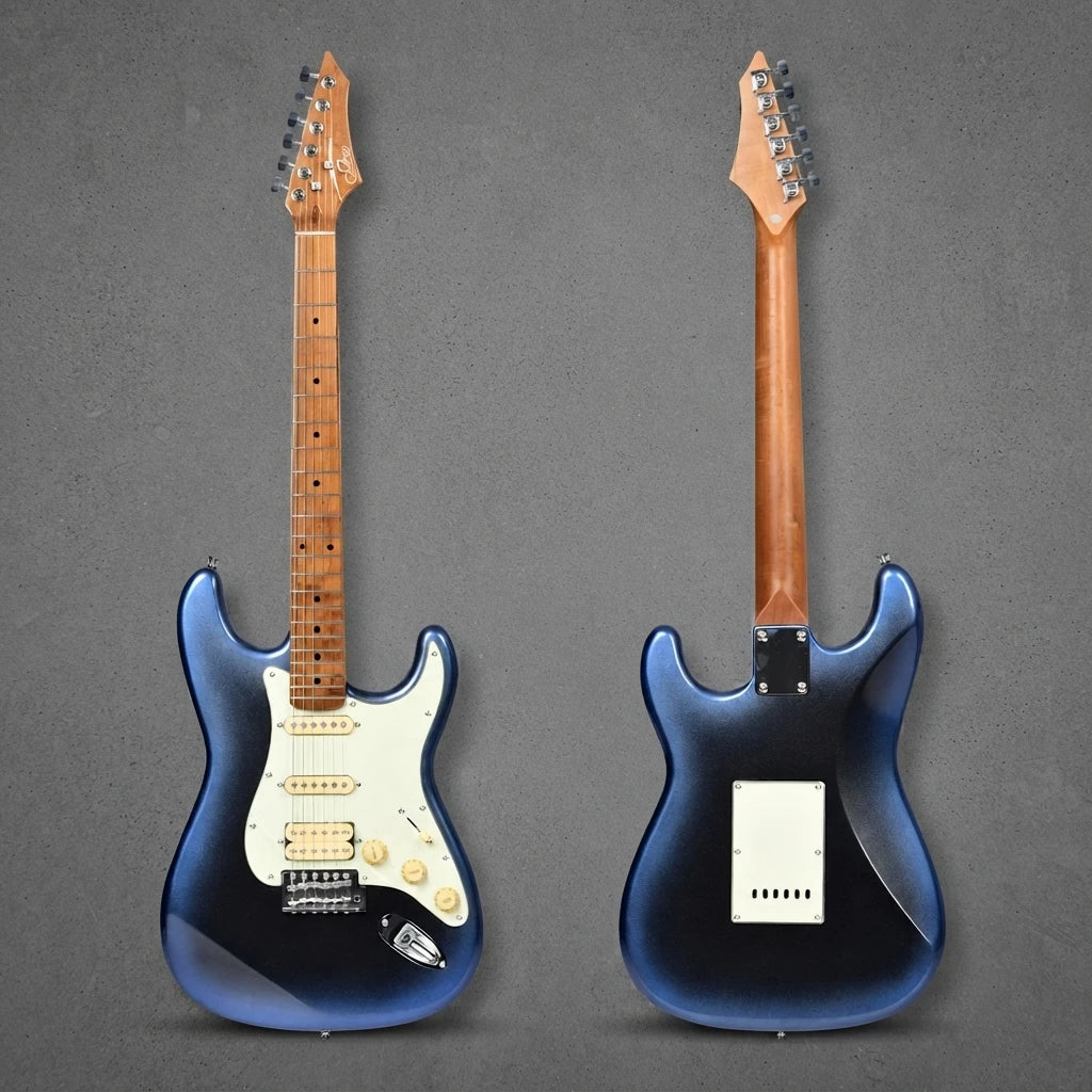 Guitarra eléctrica de estilo rock ST PRO 22, con trastes, pastillas Alnico 5 HSS, mástil de arce, cuerpo con acabado brillante, herrajes cromados, 6 cuerdas, ideal para guitarristas de rock.