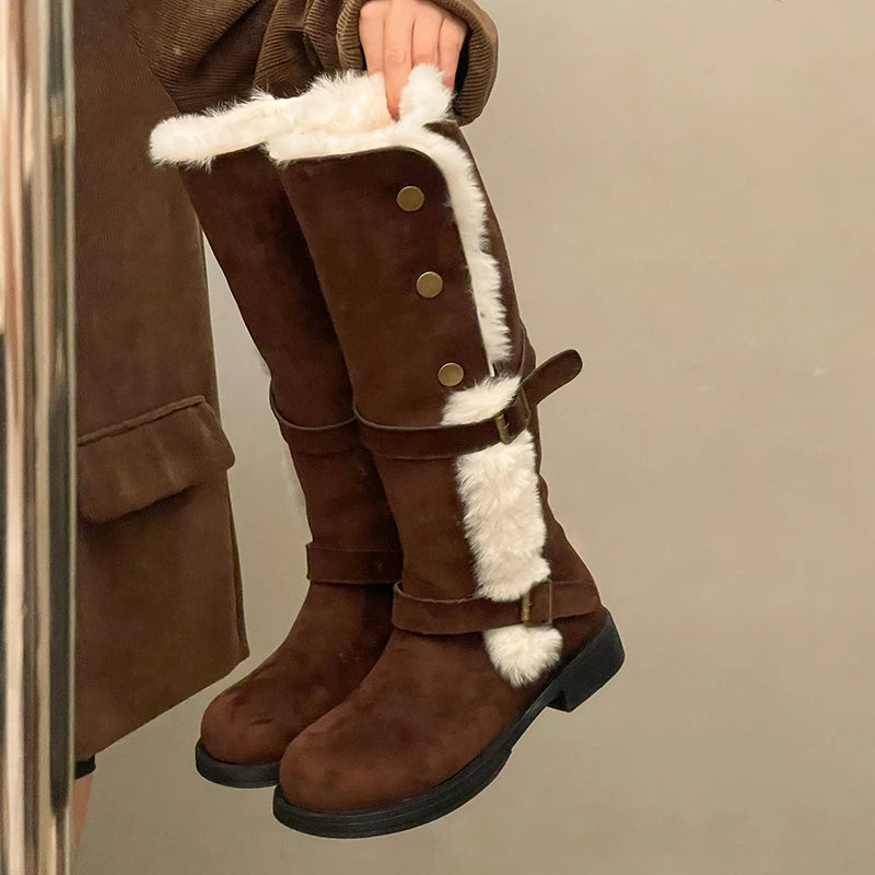 Botas de nieve de caña media, cálidas y con forro grueso, de punta redonda, suaves y antideslizantes, con plantilla de algodón.