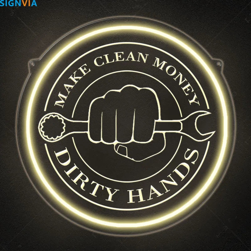Cartel de neón circular USB con borde blanco, manos y “MAKE CLEAN MONEY”.