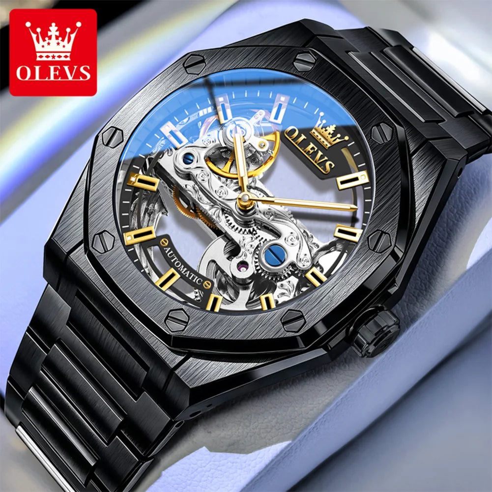 Reloj mecánico automático para hombre OLEVS, marca de lujo, esfera calada tipo esqueleto octogonal, superluminescente, reloj masculino de negocios y deportivo 6742