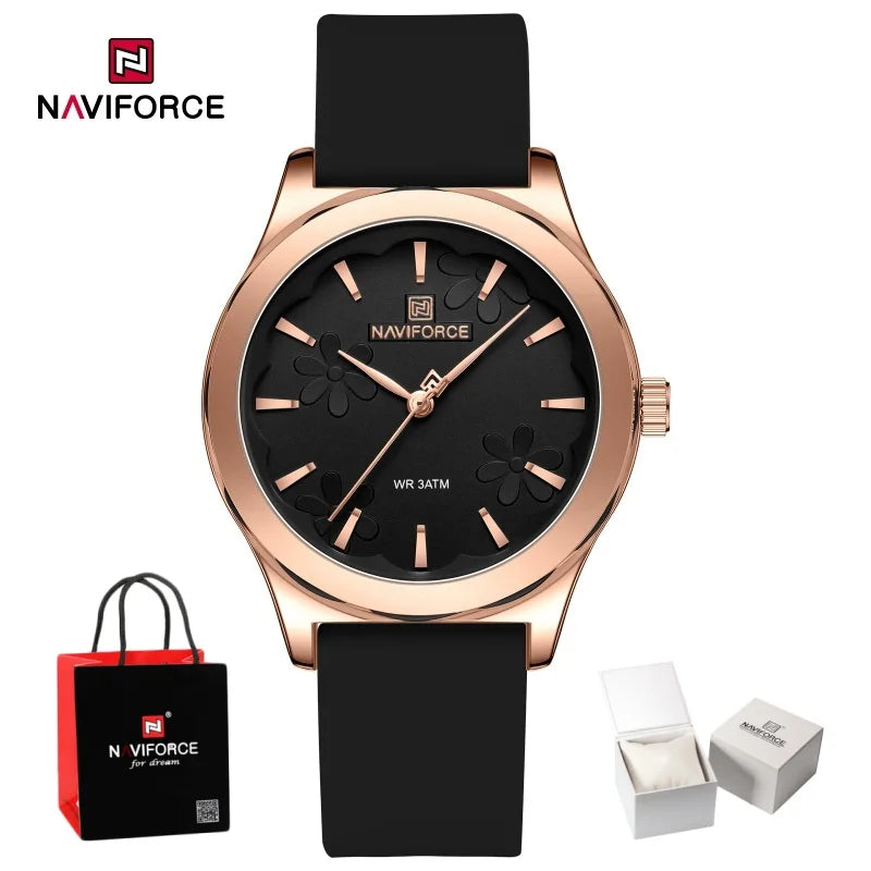Relojes de moda sencillos para mujer NAVIFORCE, reloj de cuarzo resistente al agua con correa de silicona suave, diseño exquisito y único, caja de regalo.