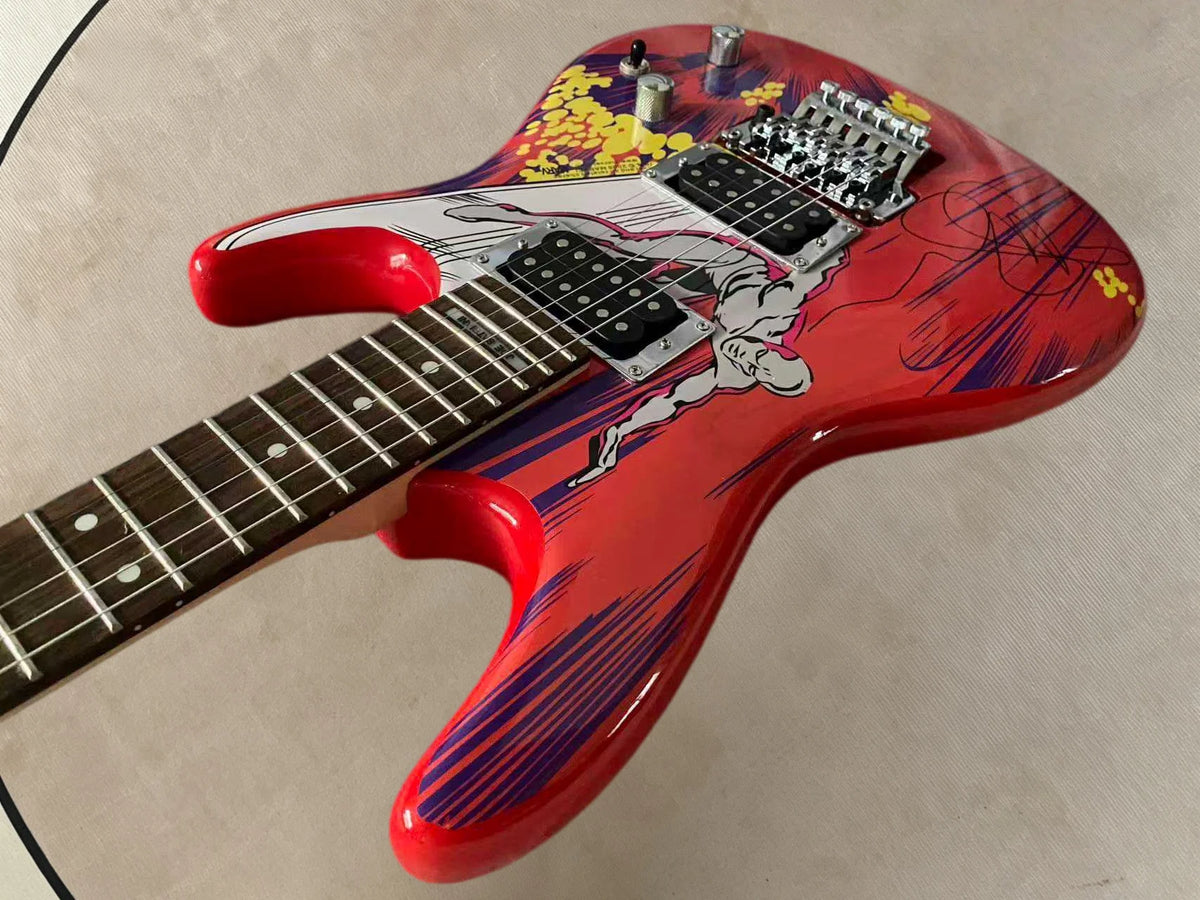 Guitarra eléctrica Joe de 6 cuerdas, color rojo brillante, muy popular, con puente FR Tremolo y conector de entrada (y conector de salida) en la parte inferior del cuerpo.