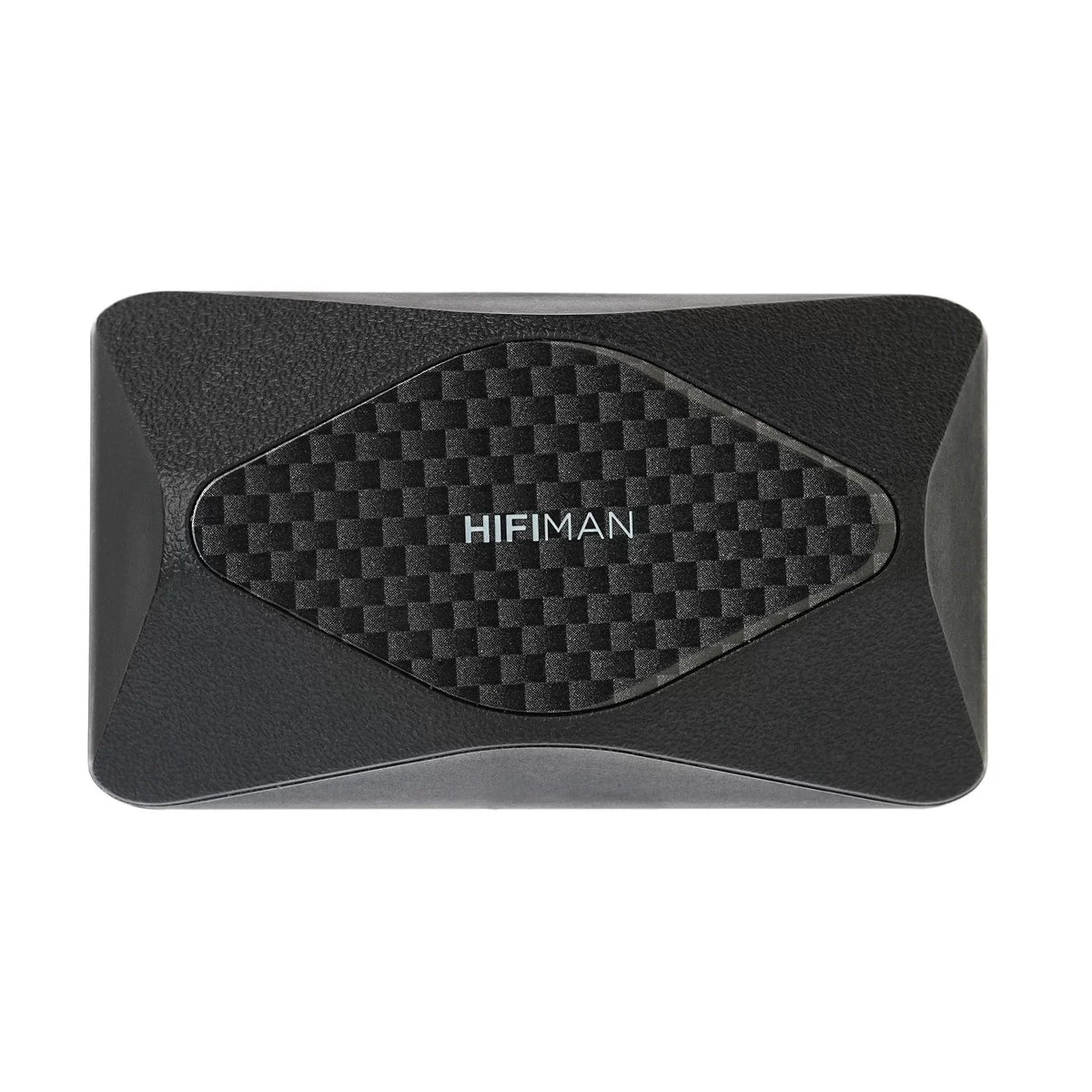 Estuche de carga negro con detalle de fibra y logotipo HIFIMAN