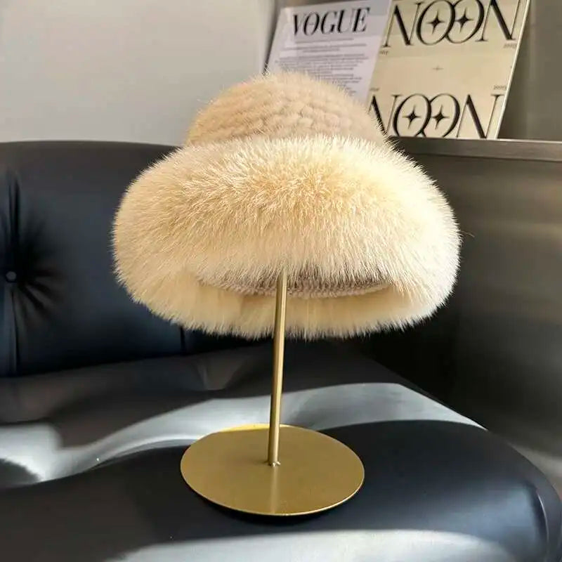 Gorro de piel de visón auténtica para mujer, gorro de pescador a la moda de invierno, gorro de piel de visón Natural con gorros de piel de zorro, gorro de bombardero de punto ruso