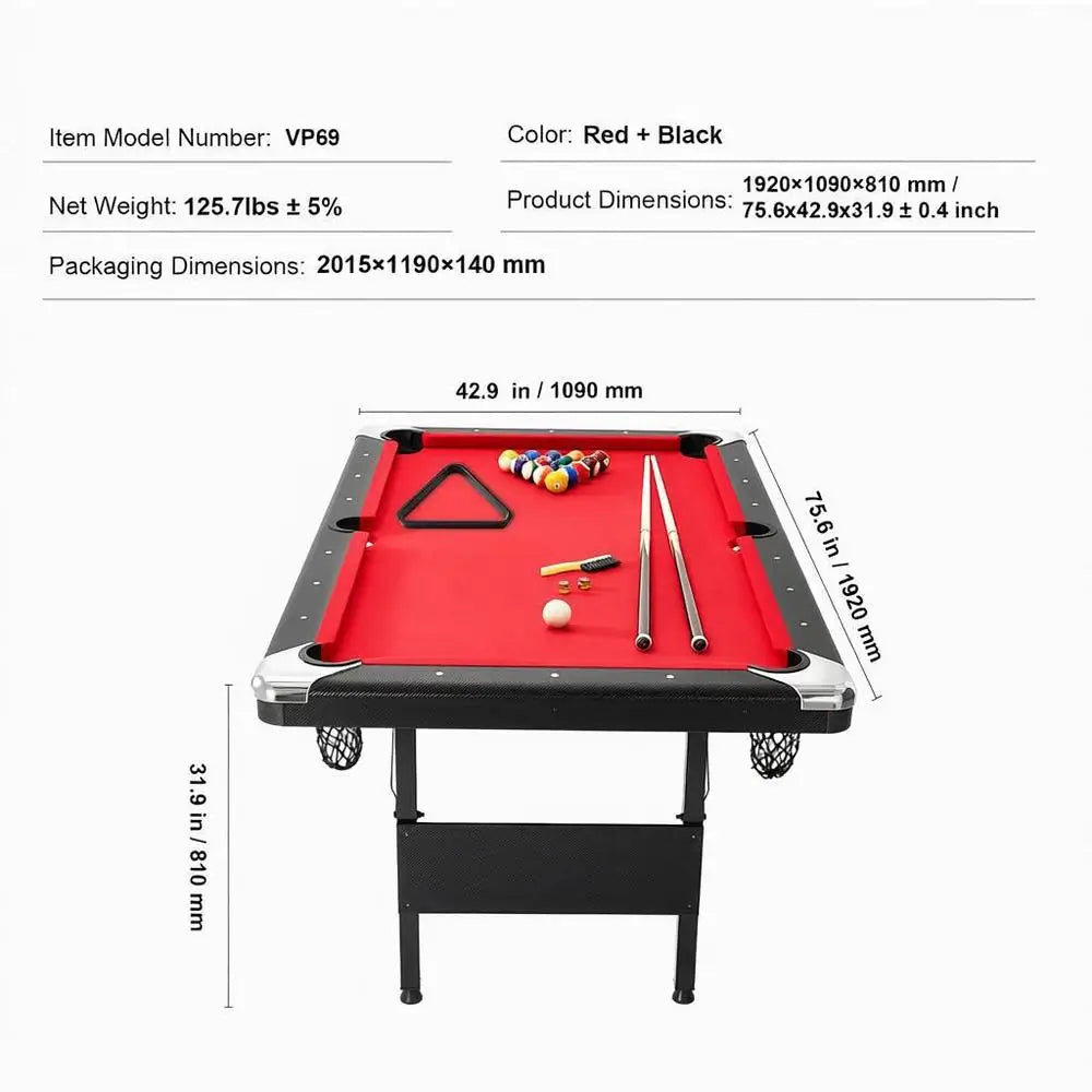 Mesa de billar de 6.3 pies, mesa de juegos plegable y portátil, ahorradora de espacio con bolas, tacos, tiza y cepillo, color negro con paño rojo