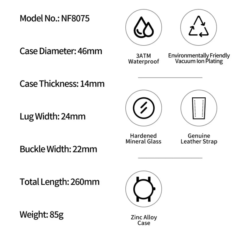 NAVIFORCE Chronograph Wristwatch for Male Quartz Date Display 30M Waterproof Real Leather Strap Clock Mature Fashion Man's Watch