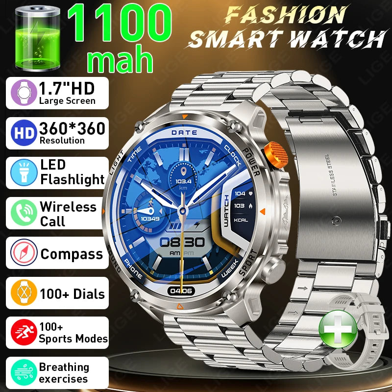 LIGE New Men Military Smart Watch Outdoor Compass 1100mAh Battery Flashlight 1.7"Display BT Call Waterproof Sports Smartwatches
