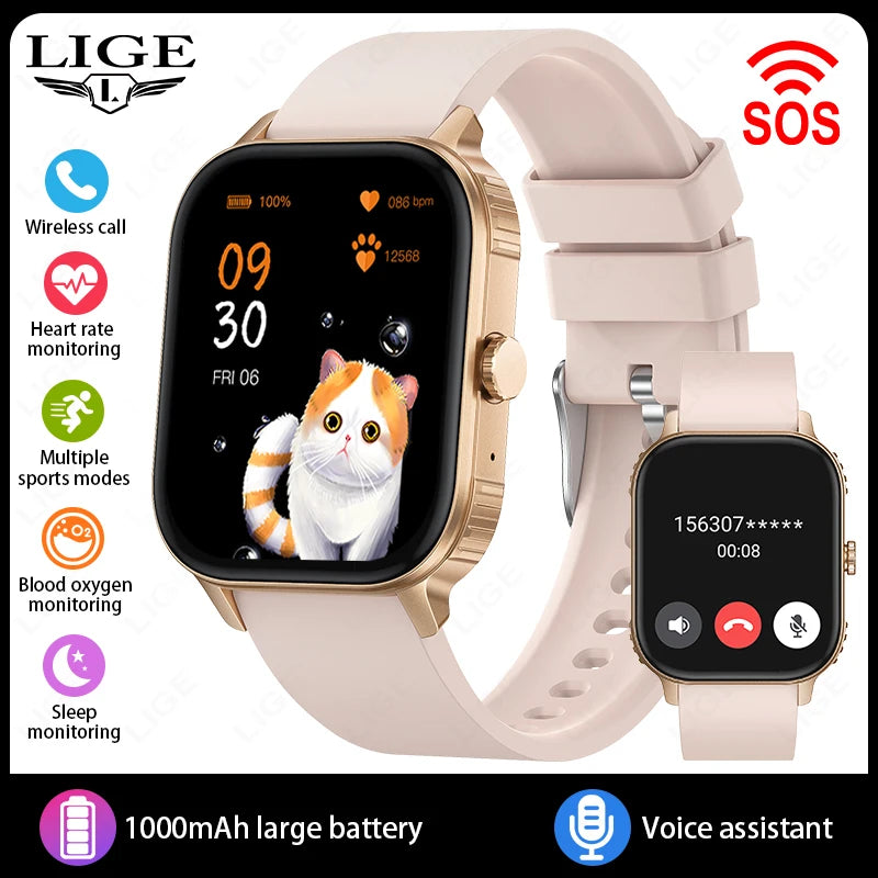 Reloj inteligente LIGE con batería de 1000mAh para mujer, monitoreo de frecuencia cardíaca y sueño, llamadas Bluetooth, resistente al agua IP68, reloj inteligente para hombre compatible con Android e iOS