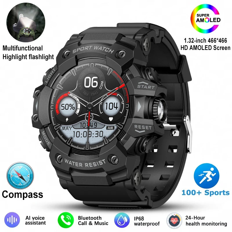 Reloj inteligente militar para hombre 2026, para exteriores, con más de 100 modos deportivos, brújula, frecuencia cardíaca, llamadas por Bluetooth, resistente al agua IP68 y diseño robusto