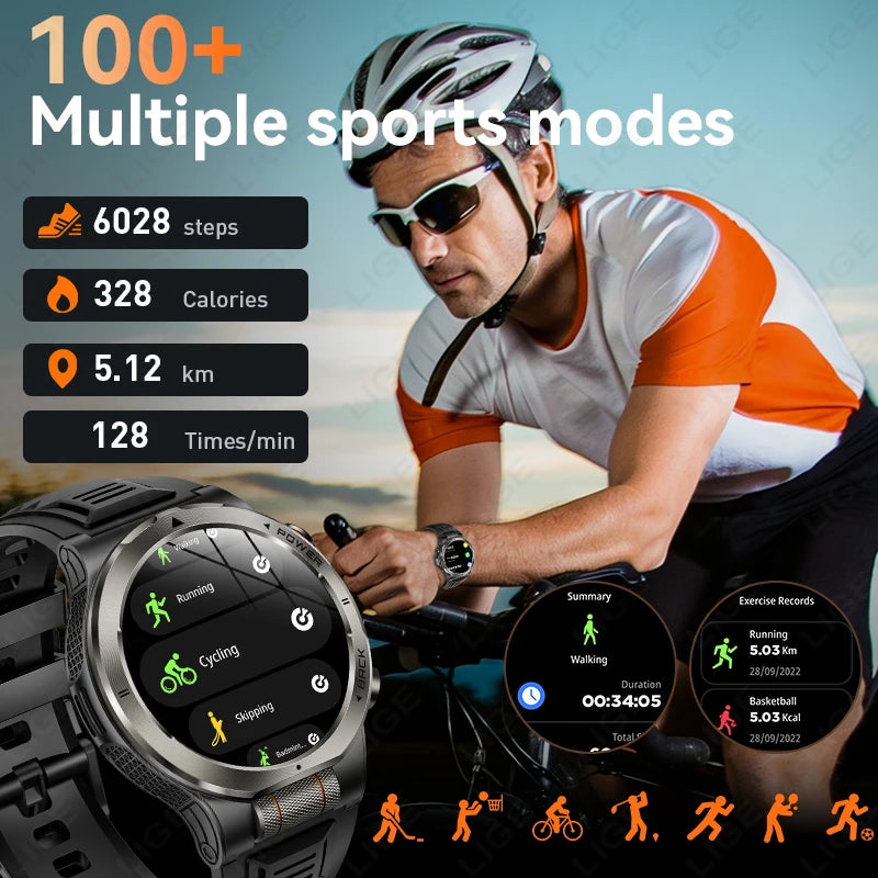 LIGE 2026 New 1100mAh Battery Smart Watch Waterproof Sports Tracker Health Monitoring Outdoor Compass Smartwatch With Flashlight