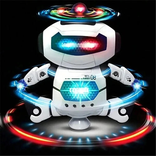 Robot bailarín blanco con luces LED azules y rojas, base giratoria 360°
