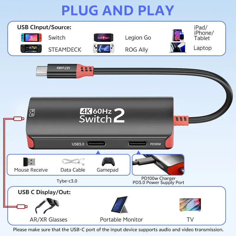 Hub USB-C 4K60Hz para Switch 2/Oled, Adaptador de Gafas AR Tipo C 2K120Hz, Estación de Acoplamiento de 10Gbps y 100W para iPhone 18, Steam Deck y Portátil