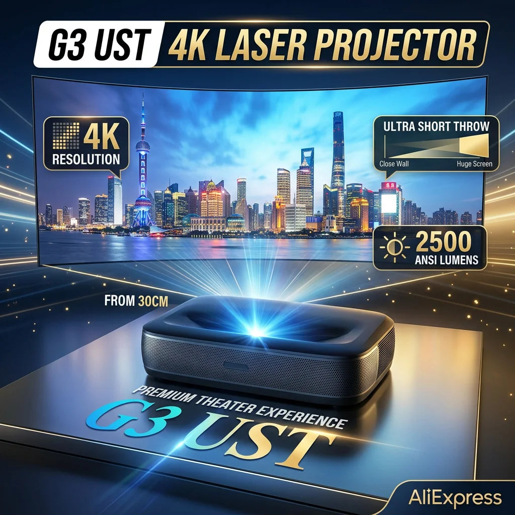 Proyector de Tiro Ultra Corto Caavits G3 con Triple Láser, 1080P FHD, Android TV, Enfoque Automático, Keystone, 3D, HDR10, HDMI Inalámbrico, Cine en Casa