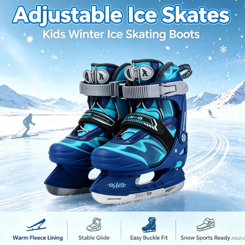 Patines de hielo para niños de tamaño ajustable, cuchillas de acero inoxidable, botas de patinaje sobre hielo con soporte seguro y cálido para principiantes.