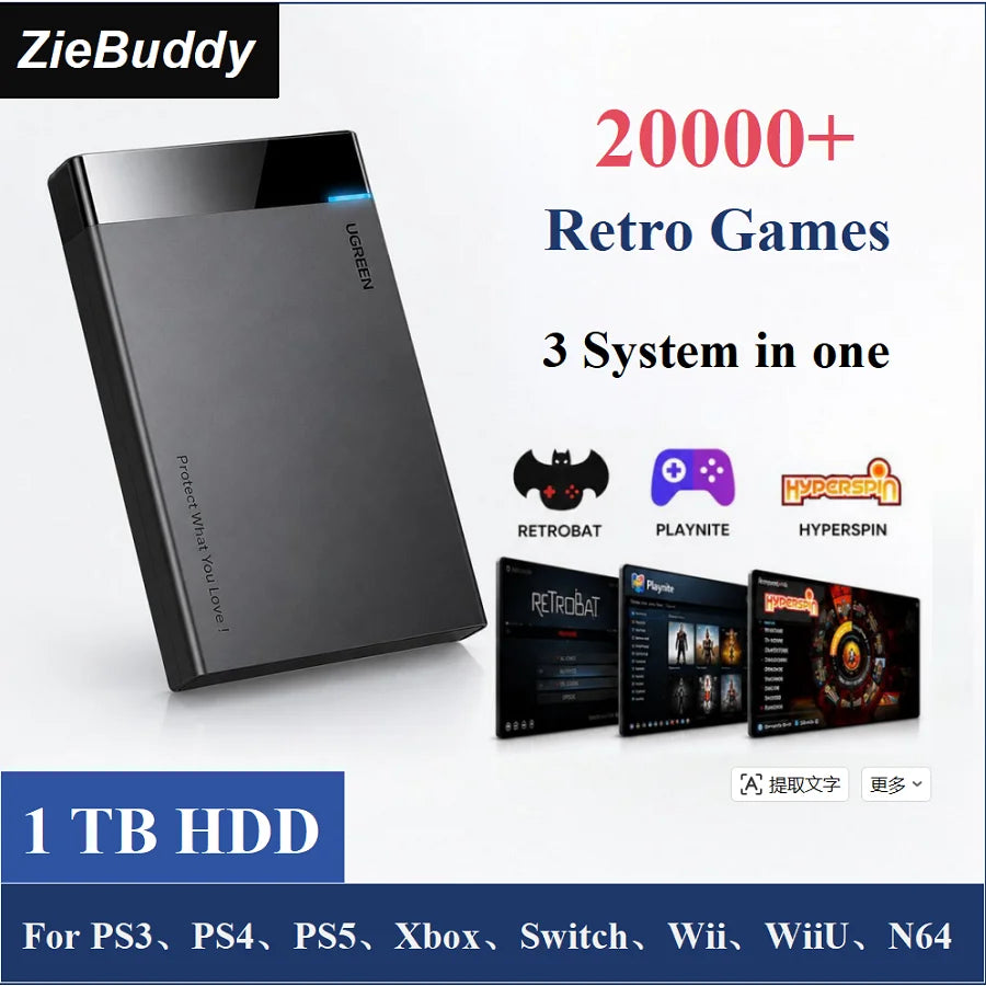Disco duro para juegos retro ZieBuddy de 1 TB con Playnite, RetroBat y Hyperspin, más de 20 000 juegos retro, Plug & Play para PS3, PS4, PS5 y Xbox, un regalo ideal