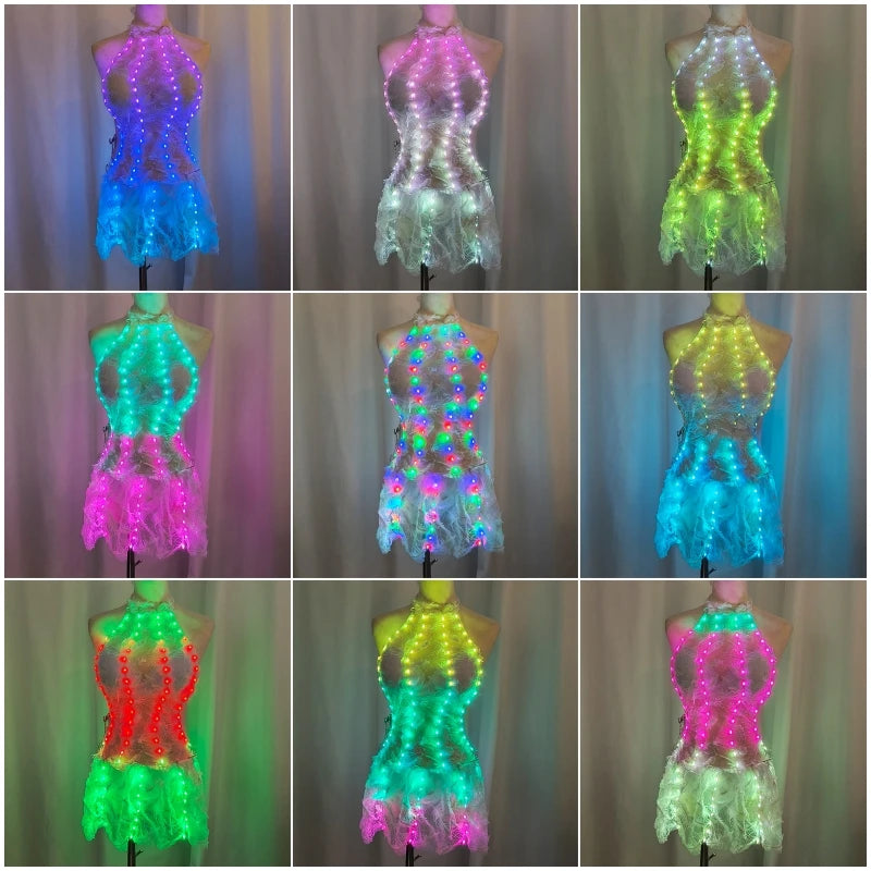 Vestido de encaje con plumas y luces LED de colores para mujer, vestido luminoso para discotecas, bares, piscinas, bailes y actuaciones.