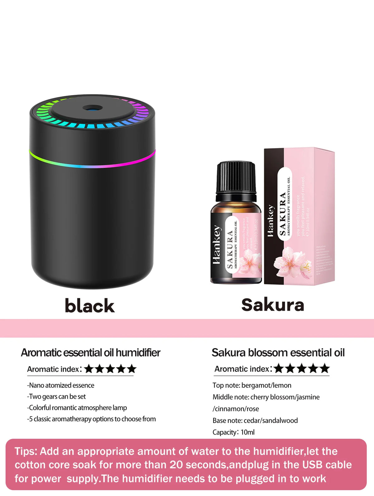 Difusor de aromaterapia de 180ml, humidificador, aceite esencial de aromaterapia, purificador de aire, coche para dormir, llevar en casa, luz LED de 7 colores