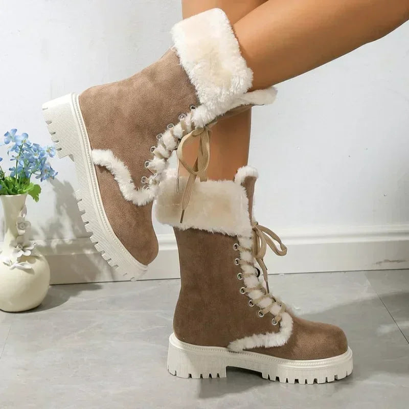Botas de nieve gruesas de felpa para mujer, botines con plataforma de piel sintética para invierno, botas de nieve con cordones a media pantorrilla, zapatos de algodón grueso