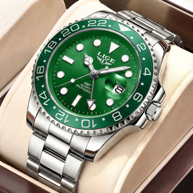 LIGE Nuevos relojes de cuarzo GMT para hombre, marca de lujo, reloj de buceo de moda, cronógrafo deportivo informal resistente al agua, Montre Homme