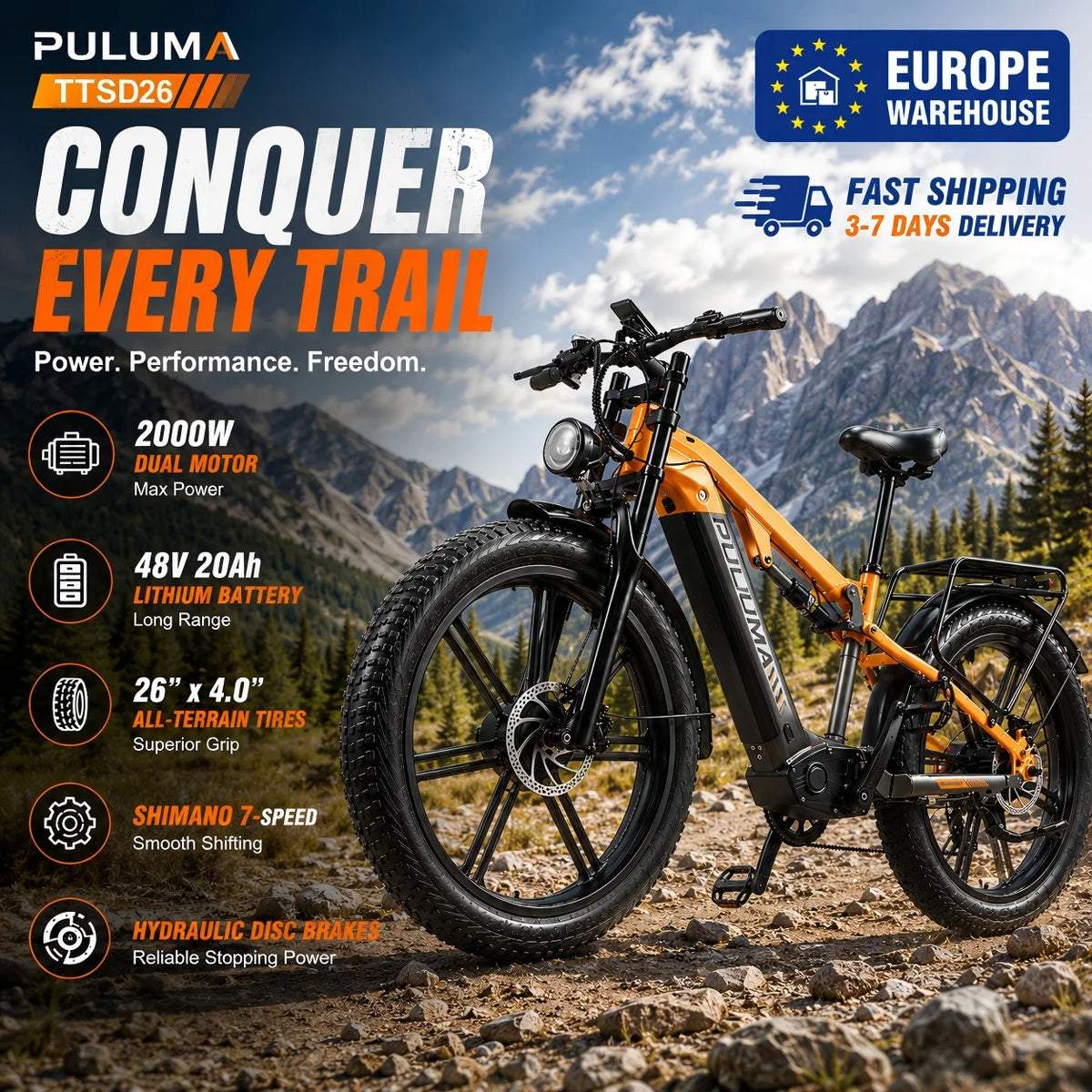 Bicicleta eléctrica de montaña y ciudad Puluma 003 con doble motor, batería de litio de 48V 20Ah, neumáticos anchos de 26 pulgadas y frenos hidráulicos para adultos