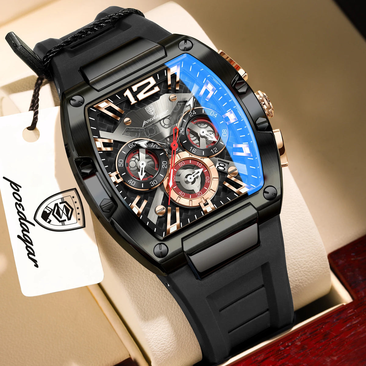 POEDAGAR Reloj de lujo para hombre, cronógrafo de cuarzo con fecha, correa de silicona, luminoso, resistente al agua, reloj deportivo de moda para hombre