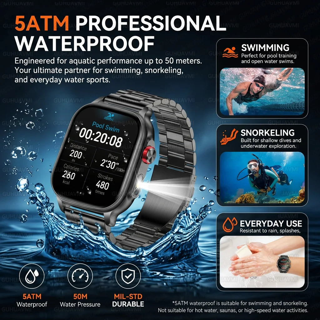 Reloj inteligente con batería grande de 1400 mAh, resistente al agua 5ATM, linterna LED, más de 100 modos deportivos, monitor de frecuencia cardíaca y rastreador de actividad física para hombre