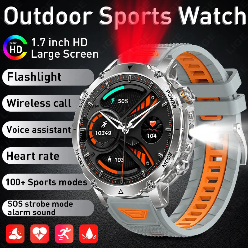 Reloj inteligente militar LIGE para hombre, batería ultraduradera de 1100 mAh, resistente al agua 10ATM, frecuencia cardíaca, linterna, pulsera deportiva, reloj inteligente para hombre y mujer