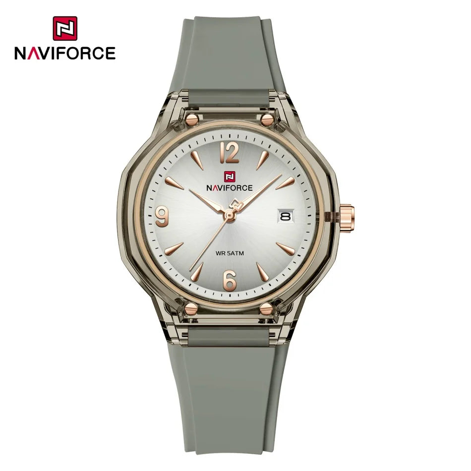 Reloj de moda para mujer NAVIFORCE resistente al agua con pantalla de manecillas luminosas, correa de silicona elegante y brillo nocturno