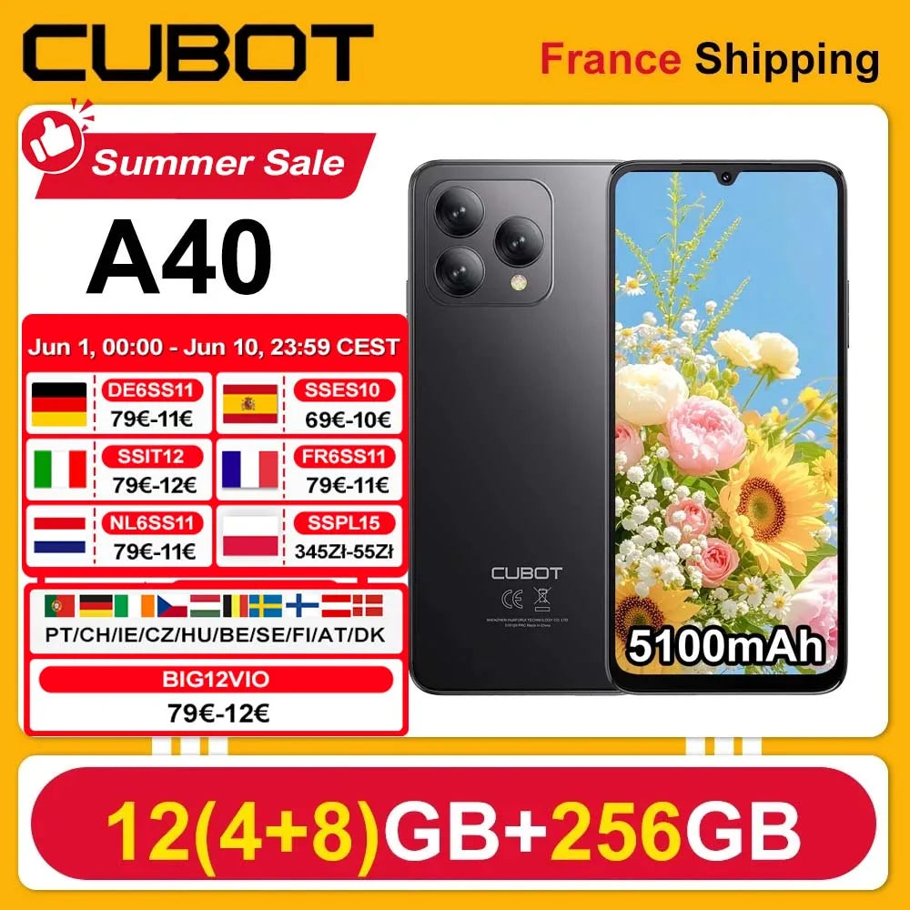 Smartphone Cubot A40 Android 15 12 GB (4 + 8) + 256 GB 6,88'' 120Hz 5100 mAh NFC/GPS Reconocimiento facial Teléfono portátil 4G IPS