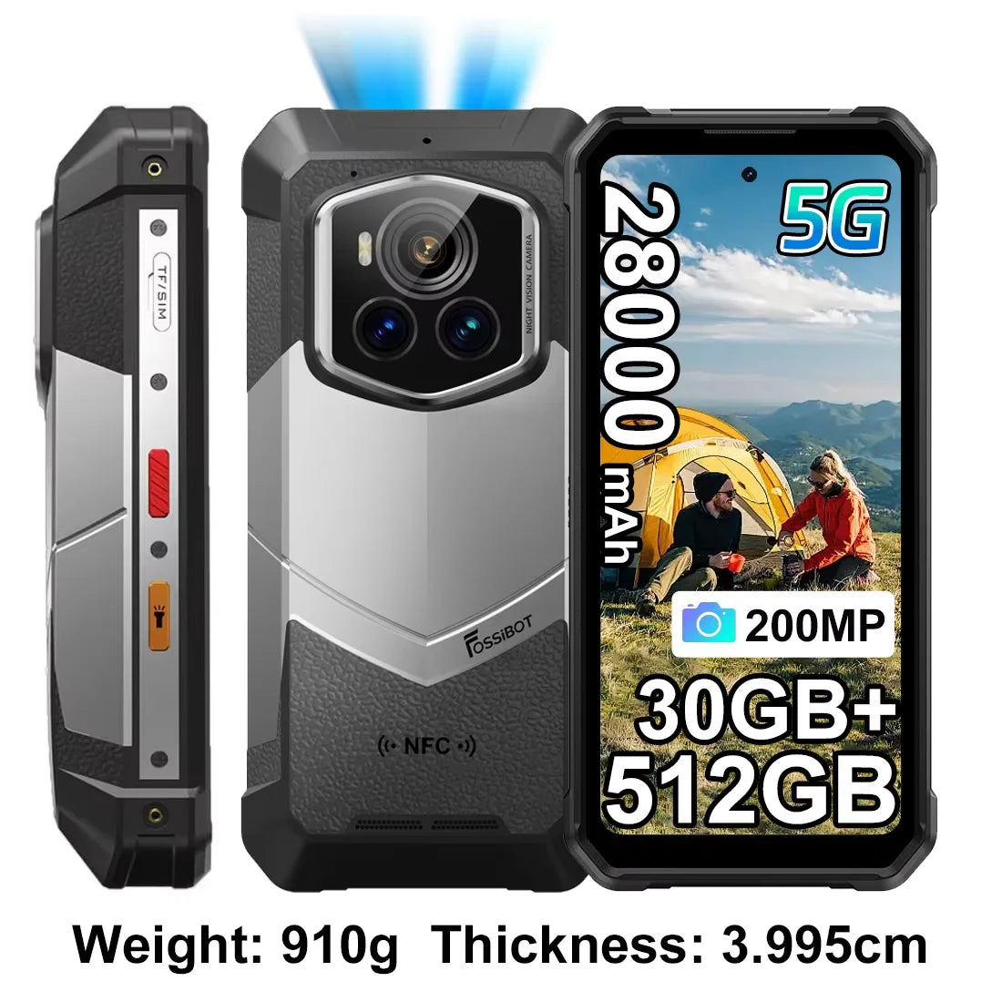 Smartphone ultraresistente Fossibot 28000mAh 66W 12GB RAM 512GB ROM 200MP+32MP 5G Android 15 NFC linternas duales