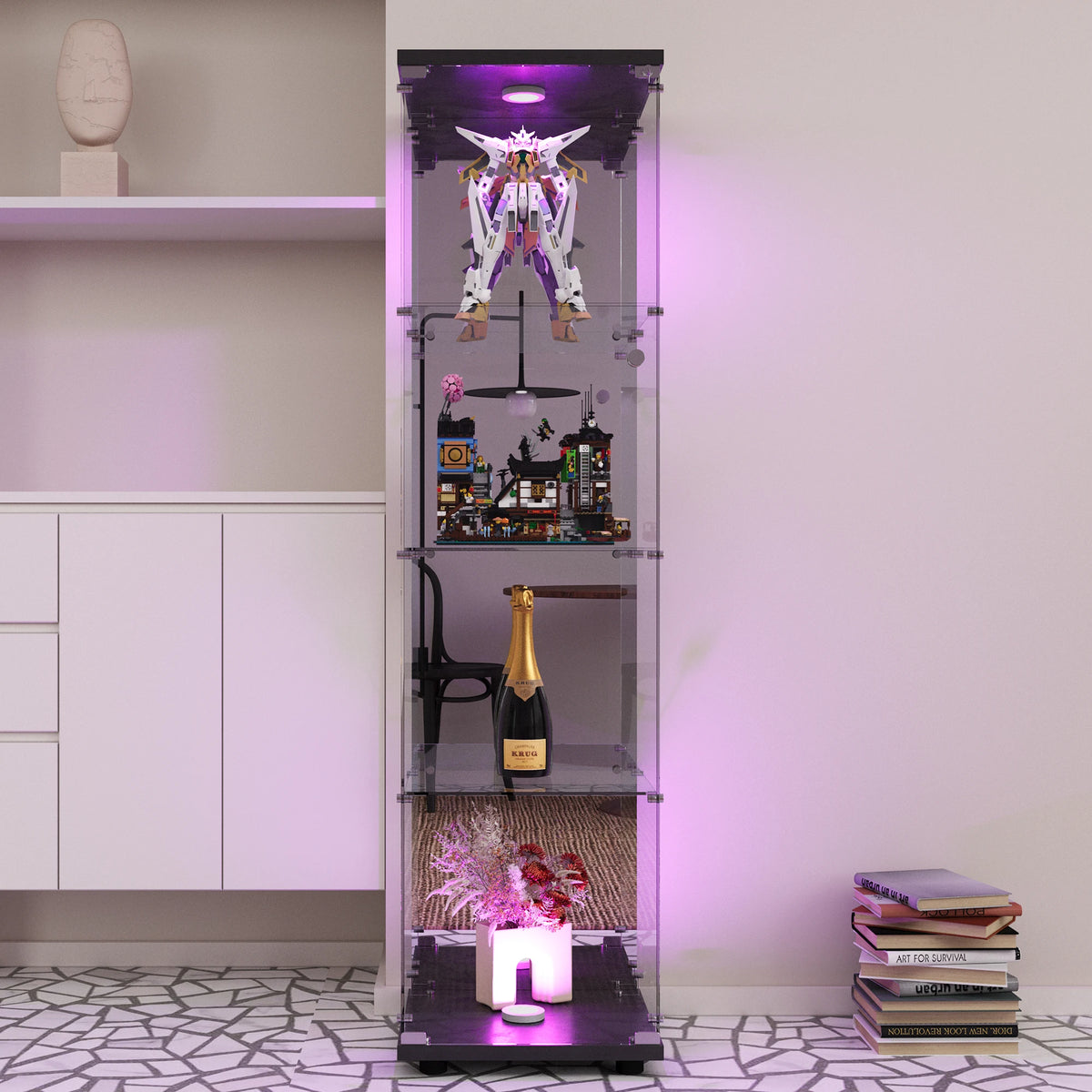 Vitrina Rosahqnda de 164 cm con 4 estantes de vidrio templado y luces LED, mueble de almacenamiento y estantería para sala de estar y oficina, vitrina moderna, negro/blanco